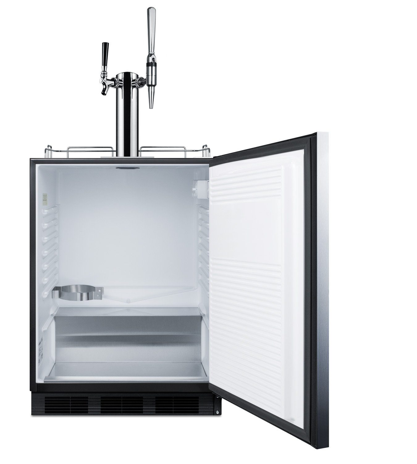 Built-in undercounter ADA height commercially listed dual tap combo nitro/cold brew coffee dispenser with stainless steel door and black cabinet